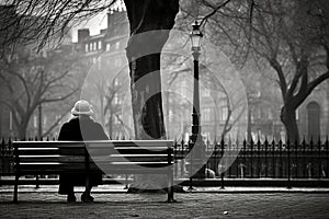 Elderly woman sitting on a bench in park, loneliness