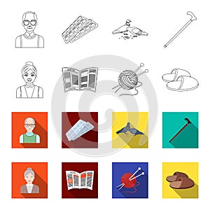 An elderly woman, slippers, a newspaper, knitting.Old age set collection icons in outline,flet style vector symbol stock