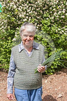 Elderly woman with spring onions