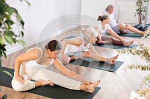 Elderly woman stretches and prepares to perform Jana Shirshasana