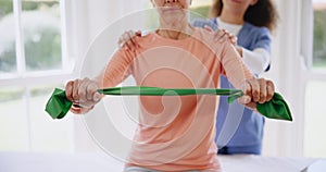 Elderly, woman and stretching band for physiotherapy, wellness and fitness with physiotherapist support. Physical