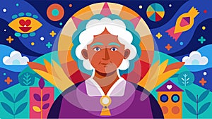 An elderly woman surrounded by vibrant colors and meaningful symbols as she uses art to express and process the trauma