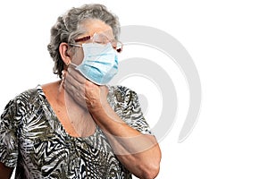 Elderly woman touching neck as throatache gesture with copyspace