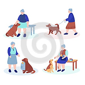 An elderly woman on a walk with a dog. Set of vector illustrations in flat style.