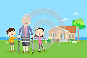 Elderly woman with walker holding hands boy and girl