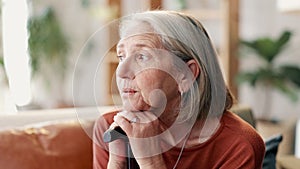 Elderly woman, walking stick and thinking grief in old age or retirement lonely for loss, depression or mental health