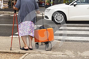 elderly woman with walking sticks and a cart for things stands on a crosswalk.