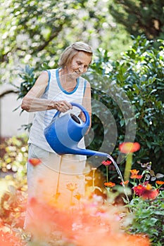 Elderly woman watering plants in her garden