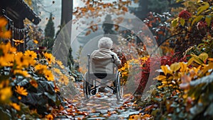 Elderly woman in wheelchair enjoys garden with plants, flowers, and sunlight