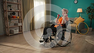 Elderly woman in a wheelchair exercising with dumbbells in the living room. An aged grayhaired woman trains arm muscles