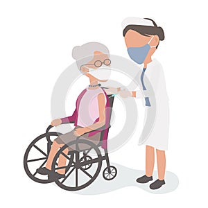 Elderly woman in wheelchair gets Covid vaccine from Doctor nurse