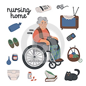 Elderly woman in wheelchair and nursing home items on white background, medical care concept. Nursing home. Senior