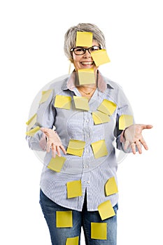 Elderly woman with yellow notes