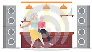 Elderly women drinking in bar, old friends meeting, vector illustration