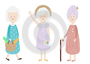 Elderly women. Happy old lady. Cartoon senior female. Grandmother shopping, standing. Retired activity Isolated clip art