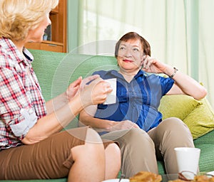 Elderly women at the table with tea