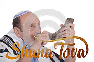 Eldery jewish man blowing the Shofar horn