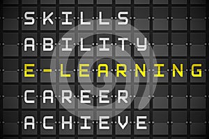 Elearning buzzwords on black mechanical board