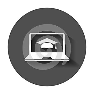 Elearning education icon in flat style. Study vector illustration with long shadow. Laptop computer online training business
