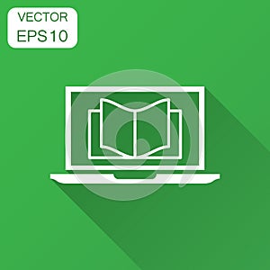 Elearning education icon in flat style. Study vector illustration with long shadow. Laptop computer online training business