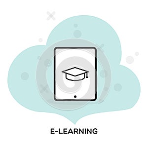 ELearning icon. Concept of training, courses, graduation, webinar or online education. Vector illustration, flat design