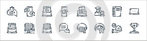 elearning line icons. linear set. quality vector line set such as award, audio course, info, profile, notebook, video lesson,