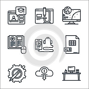 Elearning line icons. linear set. quality vector line set such as desk, cloud, sketch, xls, smartphone, elearning, online learning