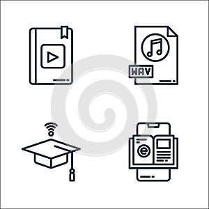 Elearning line icons. linear set. quality vector line set such as ebook, mortarboard, wav