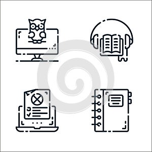 elearning line icons. linear set. quality vector line set such as notebook, answer, audiobook