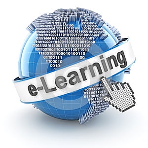 Elearning symbol with digital globe, 3d render