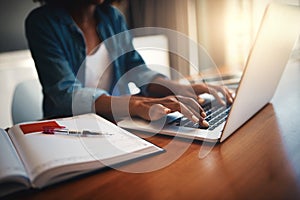 Elearning woman hands, typing and laptop with education and learning notes at home. Student, female person and computer