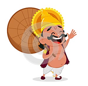 Elebration. KingOnam c Mahabali holding umbrella, cheerful cartoon character.