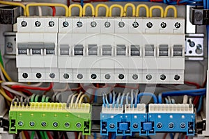 Electical distribution fuseboard. Electrical supplies. Electrical panel at a assembly line factory. Controls and switches.