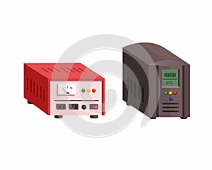 Electical Stabilizer and UPS Battery comparison. voltage stabilizer device object set illustration vector