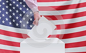 Election, America. Election concept. A hand throws a ballot into the ballot box. American flag on the background