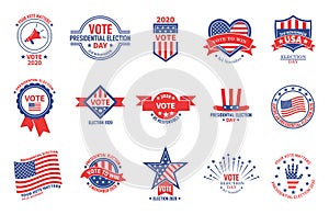 Election badges. Political campaign, usa presidential day vote. American flag patriotic voter stickers. Voting for