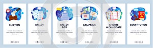Election campaign, constitution voting right, choose candidate. Mobile app screens, vector website banner template.