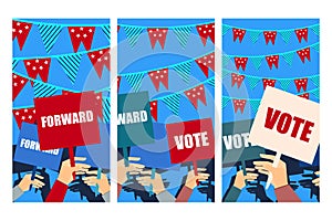 Election campaign, election vote, election poster, holding posters. Vector.