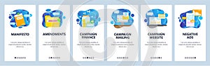 Election campaign. Political party or candidate manifesto. Mobile app screens, vector website banner template.