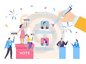 Election campaign, vector illustration. President candidate vote, flat political debate with people from government