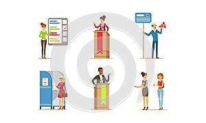 Election Campaign and Voting Set, People Voting at the Polls, Party Candidates Giving Speech Cartoon Vector Illustration
