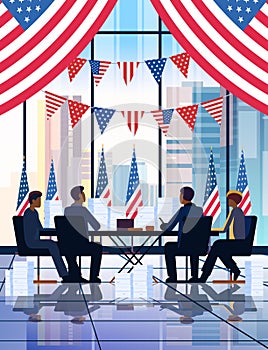 election day concept observers team counting results at round table modern office interior with USA flags vertical