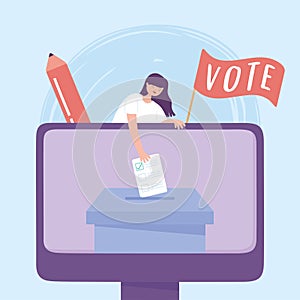 Election day, online voting woman with ballot