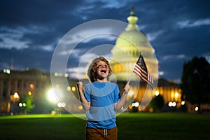 Election day for US Citizens. Child boy Vote with US flag near capitol building. Voting concept. American Flag Day. Vote