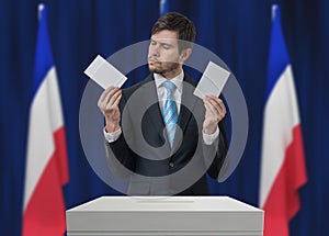 Election in France. Undecided voter is making decision