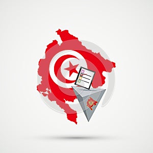 Election or referendum in Montenegro. Ballot box and casting vote on white background. Montenegro map in Tunisia flags in