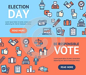 Election Signs Banner Horizontal Set with Color Outline Icons. Vector