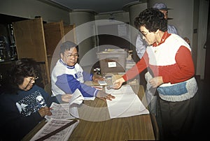Election volunteers assisting voters in a polling place, CA