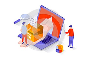 Election and voting concept in 3d isometric design. People vote in elections, put marked ballot in ballot box or leave their