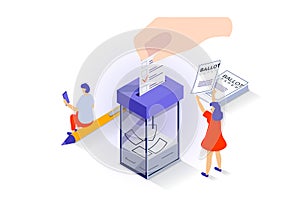 Election and voting concept in 3d isometric design. People vote in elections, putting ballot in box and choosing their political